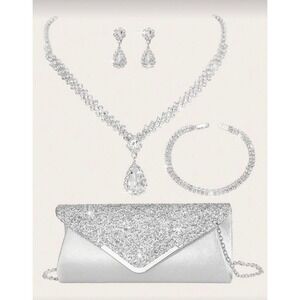 Silver Glitter Evening Clutch and Rhinestone Jewelry Set Wedding Prom 4-Piece